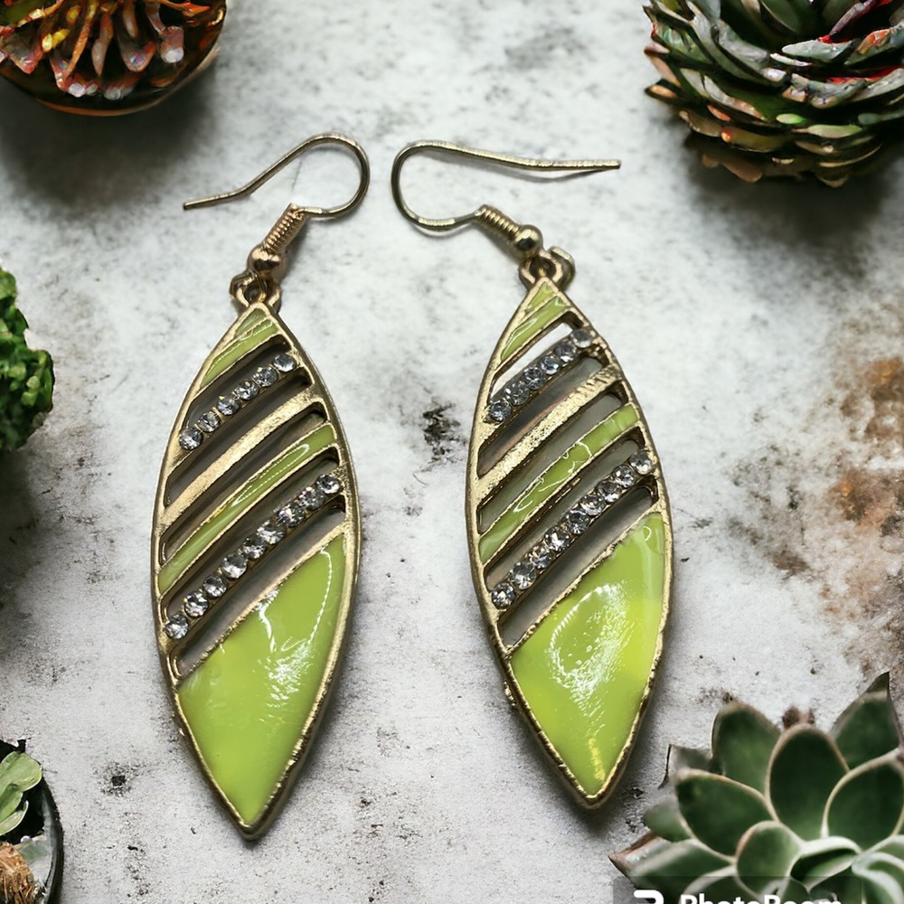 Gold Tone Lime Green Rhinestone Enamel Leaf Shape Earrings 2 1/2” Long
